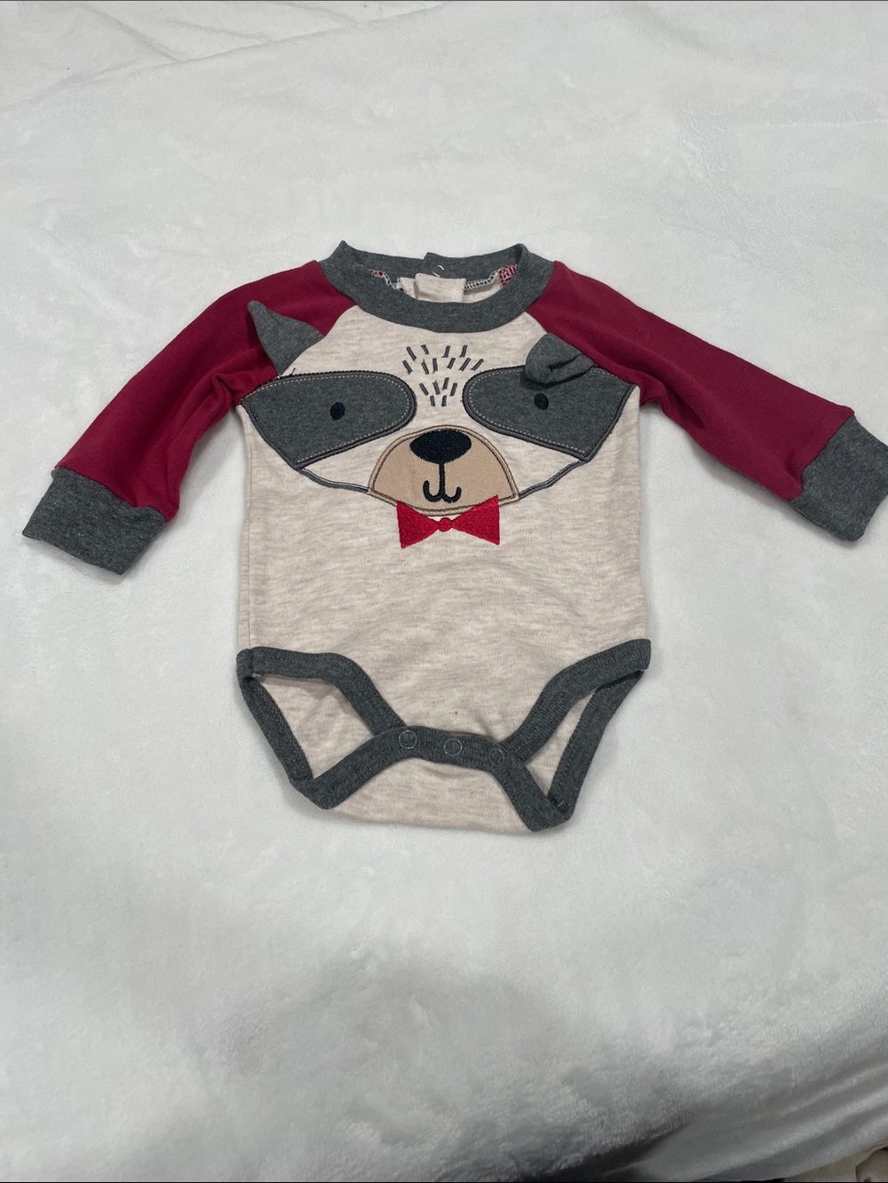 Neutral & Burgundy Raccoon Appliqué Baby One-Piece Bodysuit